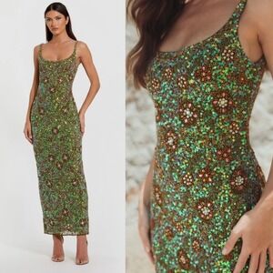 NWT Mac Duggal Green Sleeveless Hand Embellished Floral Maxi Dress $598 - Size 2